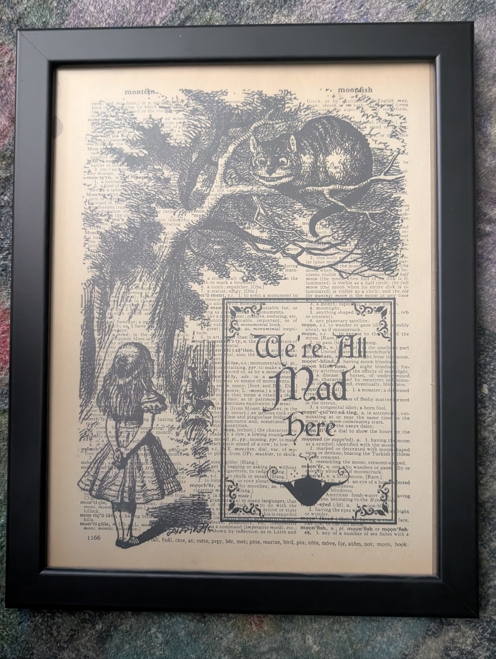 Alice in Wonderland 'We're All Mad Here' Vintage Print in Black Frame